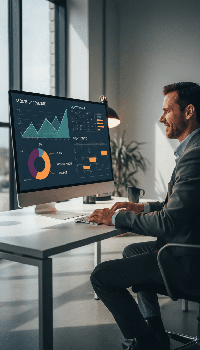 Service business owner reviewing automated booking system on computer