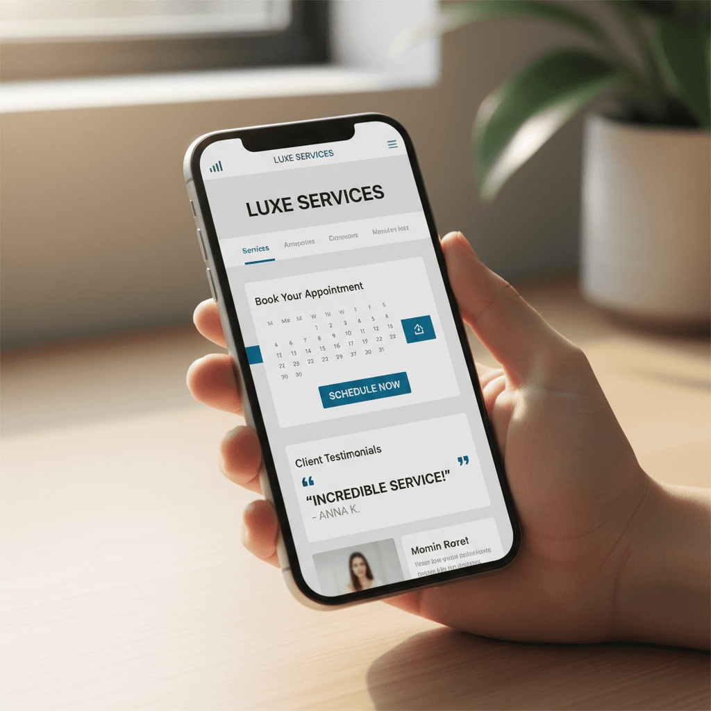 Mobile website interface showing service business booking system