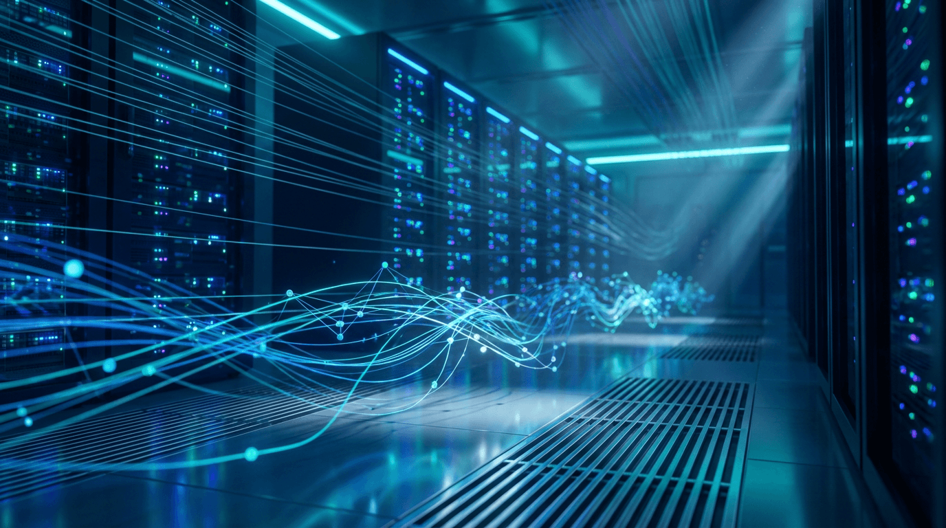 Server room corridor with glowing blue neon lights, blinking indicator lights, and abstract floating data visualizations.